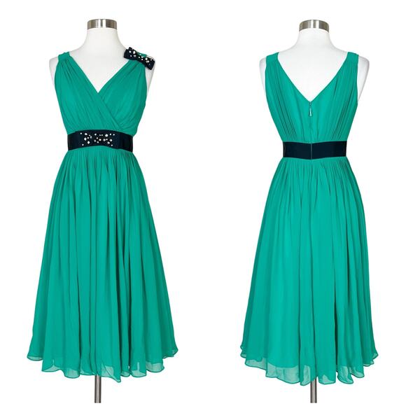 kate spade Dresses & Skirts - Kate Spade | Designer Green Chiffon Rhinestone Bow Pleated Cocktail Midi Dress 0
